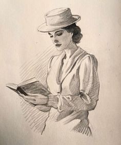 a drawing of a woman in a hat holding a book and looking at the viewer