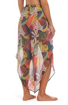 A tropical-inspired print enlivens airy cover-up pants designed with vented legs and an adjustable drawstring at the waist. Elastic/drawstring waist Side slits 100% polyester Hand wash, line dry Imported Printed Tie-side Beachwear Bottoms, Multicolor Summer Beach Cover-up Bottoms, Tropical Vacation Pants With Elastic Waistband, Bohemian Multicolor Bottoms For Vacation, Multicolor Beachwear Bottoms For Vacation, Tropical Printed Vacation Pants, Summer Tropical Print Long Pants, Tropical Printed Pants For Vacation, Tropical Wide Leg Bottoms For Vacation