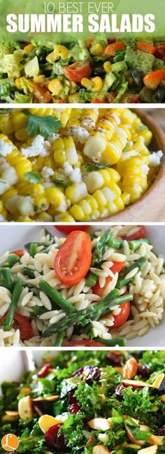 four different salads that include broccoli, corn, and tomatoes with text overlay