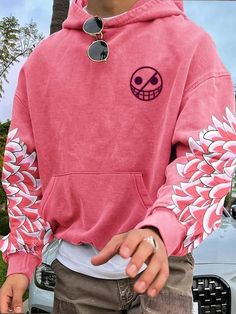 Sporty Long Sleeve Hoodie With Cartoon Print, Retro One Piece, One Piece Hoodie, Sleeve Placket, Oversize Sleeves, Casual Home, Pullover Designs, Pink Hoodie