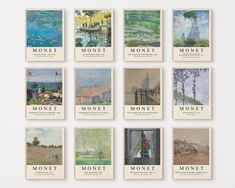 twelve monet paintings are displayed on a white wall in front of a window with the words monet above them