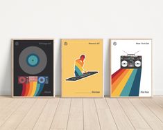 three posters with different types of music on them, each featuring a person sitting on a turntable