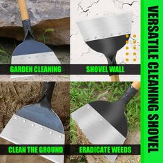 four different types of shovels with the words garden cleaning, shovel wall, and clean the ground