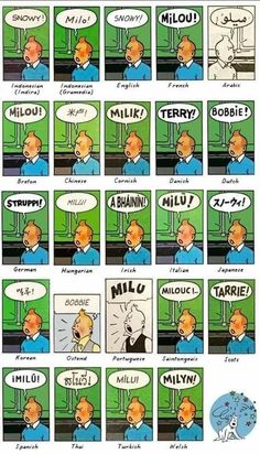 comic strip with various cartoon characters and words on the page, including an image of a man