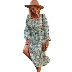 Green Floral Print Tie Waist Long Sleeve Swing Dress Floral Print Midi Dress For Fall Vacation, Fall Floral Print Midi Dress For Vacation, Green Bohemian Midi Dress For Fall, Floral Midi Dress For Fall Vacation, Fall Vacation Midi Dress With Floral Print, Fall Beach Midi Dress With Long Sleeves, Green Floral Print, Dresses Floral, Floral Dresses