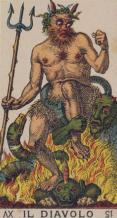 an old fashioned tarot card with a demon holding a spear and two other creatures