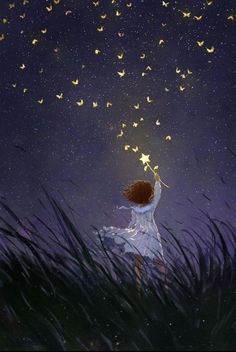 a painting of a girl reaching up to the stars in the night sky with her hands