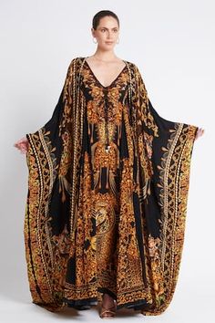 Black and gold maxi dress with leopard print and crystal embellishments in viscose silk base. - Aza Fashions The Golden Lady, Cape For Women, Silk Cape, Gold Maxi Dress, Long Cape, Leopard Print Maxi Dress, Beautiful Maxi Dresses, Capes For Women, Kaftan Dress