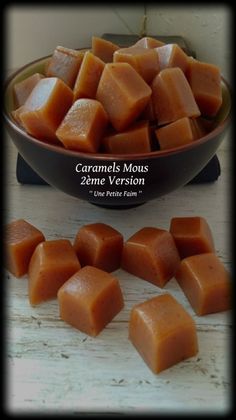 caramels mousse version in a bowl and cut up cubes on the side