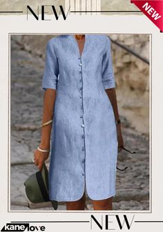 Women's Casual Dress Cotton Linen Dress Shift Dress Midi Dress Cotton Blend Basic Modern Outdoor Daily Vacation Stand Collar Button Half Sleeve Summer Spring Fall Loose Fit Blue Plain S M L Xl Plain Cloth Dress Designs, V-neck Shirt Dress With Buttons, Summer Knee-length Shirt Dress With Button Cuffs, Non-stretch Buttoned Midi Dress, Buttoned Beach Dress, Solid Beach Dress With Button Closure, Knee-length Shirt Dress With Buttons For Beach, Non-stretch Midi Dress With Buttons, Elegant Buttoned Mini Dress For Beach