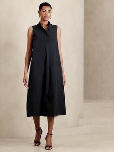 Ravine Midi Shirtdress | Banana Republic Factory Classic Sleeveless Shirt Dress For Daywear, Classic Sleeveless Shirt Dress For Work, Classic Sleeveless Box Pleat Midi Dress, Classic Sleeveless Midi Dress With Box Pleat, Chic Button-up Sleeveless Dress For Work, Chic Sleeveless Button-up Dress For Work, Sleeveless Button Closure Shirt Dress For Daywear, Sleeveless Buttoned Shirt Dress For Daywear, Sleeveless Shirt Dress With Button Closure For Work