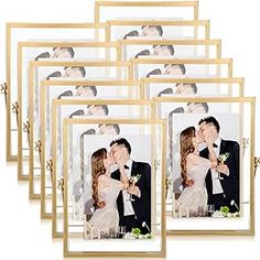 a set of six gold frames with a couple kissing each other on the wedding day