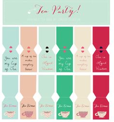 tea party labels with different colors and designs