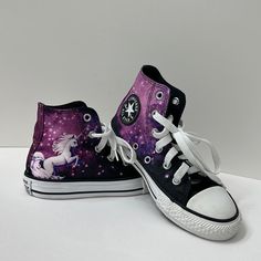 Girls High Top Chuck Taylor Converse With Unicorns Size- Us 12 Girls, Uk 11.5, Eur 29, Cm 18 Colors Are Purple, Black And White Almost Look Brand New! Chuck Taylor Converse, High Top Chucks, All Star Converse, Star Converse, All Stars Converse, Kids Converse, Girls High, Girls Sneakers, Chuck Taylors High Top