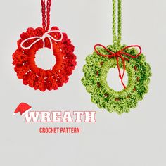 two crochet wreaths hanging from chains with the wordswreath written below them