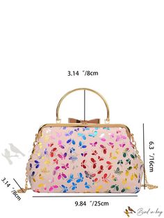 Bird in Bag - Pink Everyday and Evening Party Clutch for Women Shopping with Colorful Butterfly Printed Metal Frame and Shoulder or Crossbody Chain Strap, Large Trendy Multicolor Party Bag, Pink Party Bags For Spring, Multicolor Summer Party Bag, Multicolor Summer Party Bags, Colorful Party Bags, Gold Party Bags For Spring, Colorful Party Bags For Summer, Trendy Colorful Party Bags, Shell Clutch