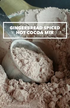 there is a spoon in the bowl with some cocoa powder on it and text that reads gingerbread spiced hot cocoa mix