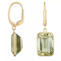 Emerald Cut Prasiolite Dangle Earrings in 14 Karat Yellow Gold - Sam's Club Modern Emerald Cut Gemstone Earrings, Formal Rectangular Earrings With May Birthstone, Elegant Rectangular Emerald Earrings For May Birthstone, Elegant Baguette Cut Gemstone Earrings, Elegant Rectangular May Birthstone Earrings, Elegant Earrings With Rectangular Stone For Anniversary, Classic Formal Earrings With Rectangular Stone, Elegant Anniversary Earrings With Rectangular Stone, Green Octagon Earrings For Formal Occasions