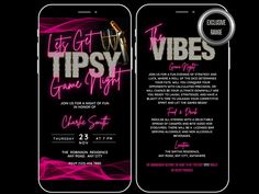 two cell phones with the words tipsy on them and an image of a woman in pink