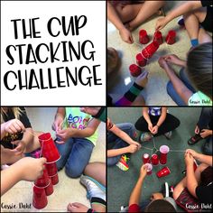 a collage of photos showing the steps to stacking cups and playing with them