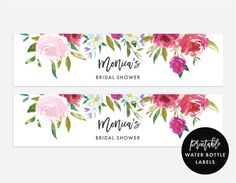 two water bottle labels with pink flowers and greenery on the top one is for mom's bridal shower