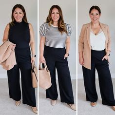 Striped Wide-leg Pants For Work, Black Mid-rise Pants For Spring, Black Trousers Midsize, Pinstriped Wide-leg Pants For Business Casual, Vertical Stripes Wide-leg Pants For Business Casual, Linen Pants Outfit Work, Ta Outfits, Miss Fisher Fashion, Work Conference