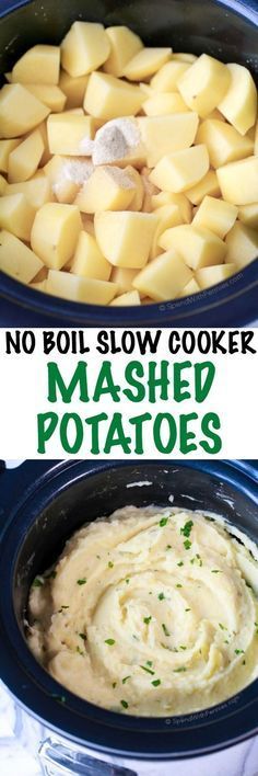 two pictures showing how to make mashed potatoes in the slow cooker and what to use them