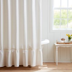 Revitalize your bathroom space with the sophistication and reliability of Allen + Roth polyester shower curtains. Choose from a wide range of traditional and trendy design that effortlessly complement any décor, with the convenience of machine washable easy care fabric. allen + roth 72-in W x 72-in L Natural Solid Polyester Shower Curtain in White | RUFFLE-107-106 White Ruffle Shower Curtain, Ruffle Shower Curtains, Water Closet, White Shower Curtain, Fabric Shower Curtain, Allen Roth, Bath Faucet, Studio Ideas, Fabric Shower Curtains