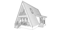 a - frame house with porch and stairs on white background 3d rendering, black and white illustration