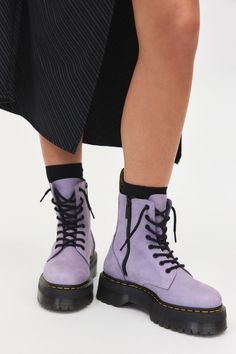 Dr. Martens Jadon III Pisa Leather Quad Platform Boot Docs Platform, Purple Doc Martens, 80's Clothes, Dyke Fashion, Face Hairstyles, Urban Outfitters Style, Boys Sunglasses, Dr Martens Jadon, Off The Shoulder Tee