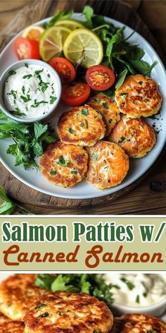 salmon patties are served on a white plate