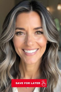 A hairstyle with dark hair and silver highlights. The hair is styled with waves to add volume and movement, framing the face. Ideas For Gray Hair, Deep Brown Hair, Dark Waves, Copper Hair Dark, Rich Brown Hair, Mahogany Hair, Warm Brown Hair, Maroon Hair, Chestnut Brown Hair