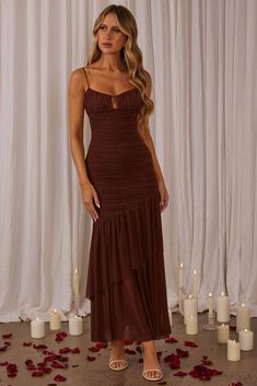 Kailua Ruched Tiered Hem Maxi Dress Chocolate Tie Up Heels, Blue Bridesmaids, Date Night Dresses, Iron Material, Dress Satin, Mini Dress Casual, It Girl, Saddle Bag, Mesh Dress