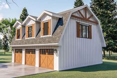 a two car garage with three windows on the front and one door open to let in light