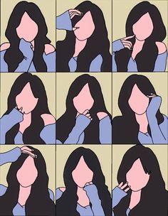 the woman is brushing her long hair with one hand and two other hands on her face