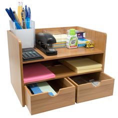 a wooden desk with drawers and office supplies