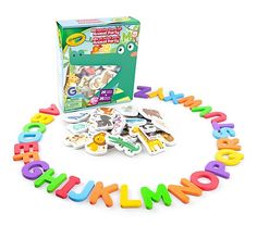 the learning toy has letters and animals on it's front, with an assortment of magnets