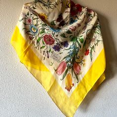 Vintage Gucci Floral Silk Scarf With Yellow Border Signed By Artist V. Accornero Details Of Insects And Gucci Logo 32 X 33 In 100% Silk Made In Italy Great Condition No Noticeable Flaws. Gucci Yellow, Yellow Border, Gucci Floral, Floral Silk Scarf, Gucci Vintage, Gucci Logo, Vintage Silk Scarf, Gucci Accessories, Vintage Silk