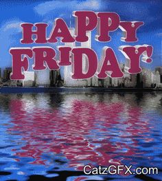 the words happy friday are painted in pink and red on a blue background with water