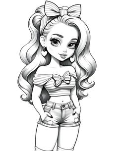 a cartoon girl with long hair wearing shorts and a bow tie, standing in front of a