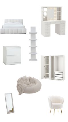 white furniture and accessories are arranged on a white background, including a bed, dresser, mirror, chair, desk, bookshelf