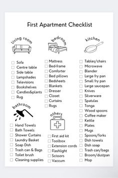 a printable checklist for the first apartment checklist is shown in black and white