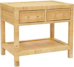 a wooden table with two drawers and wicker baskets on the bottom, against a white background