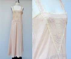 Vintage Cotton Lace SLIP Dress - Night Gown - Bias Cut - Embroidered - Flapper Boudoir Bride Lingerie Pink Peach Slip - 30s 40s size  XS - S by ItaLaVintage on Etsy Vintage Fitted Nightgown, Sheer Nightgown For Spring Wedding, Spring Wedding Sheer Nightgown, Vintage Night Dresses For Spring, Vintage Dresses For Spring Night, Vintage Wedding Sleepwear With Lace Trim, Vintage Lace Wedding Sleepwear, Vintage Wedding Nightgown With Delicate Lace, Vintage Fitted Sleepwear For Spring