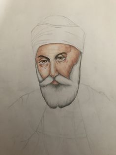 a drawing of an old man with a beard and wearing a white turban