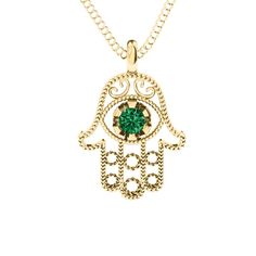 10K Yellow Gold Hamsa Pendant with Emerald (Simulated) Stone | Jewlr Symbolic May Birthstone Jewelry As Gift, Sterling Silver Green Jewelry For Good Luck, Green Sterling Silver Jewelry For Good Luck, Green 14k Gold Spiritual Necklace, Spiritual Green 14k Gold Necklace, Amulet Style Birthstone Jewelry, Symbolic Large Pendant Jewelry For Good Luck, Spiritual Engraved May Birthstone Jewelry, Good Luck Amulet Style Gemstone Jewelry