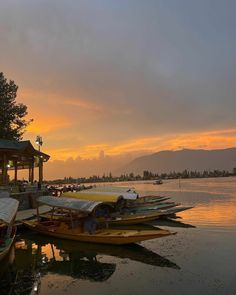 several boats are docked in the water at sunset