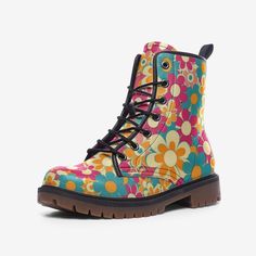 Extremely comfortable custom lightweight leather boots with my retro floral design. These are an awesome gift for anyone nostalgic about the 60s and 70s! .:Rubber sole .:Padded collar for added comfort .:Lace-up front .:Wide Fit .:Faux Leather .:Sizes 3-12 US Mens & 4.5 - 14 US Womens I Can Ship Worldwide! ** Please allow 1-3 weeks for delivery  Note that sizes listed are in US Men & Women's sizes (see pictures for size chart & conversion chart for EU and UK sizes). Best way to determine proper Hippie Gifts, Retro Boots, Hippie Boots, Hippy Gifts, 60s Retro, Flower Shoes, Conversion Chart, She & Him, The 60s