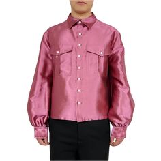 Subin Hahn Fluidwear offers a military shirt-inspired satin blouse designed for all genders. This gender-fluid-fit blouse is slightly cropped in length and cut in a boxy silhouette. It features two front pockets and full-length balloon sleeves. Color: Metallic pink. Care: Dry clean. Composition: 11% silk, 46% acetate, 43% cotton. Semi-stitched Pink Silk Blouse Piece, Pink Printed Silk Blouse, Satin Blouse Designs, Long Sleeve Pink Silk Blouse, Pink Silk Collared Blouse, Pink Silk Button-up Blouse, Shirt Blouses Women's, Brand Magazine, Fitted Blouses