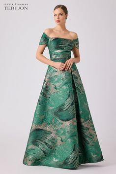 Metallic Leaf Formal A-Line Evening Dress Spanish Formal Dress, Off-shoulder Evening Dress With Pleated Bodice, Elegant Green Jacquard Dresses, Teri Jon Mother Of The Bride, Elegant One-shoulder Taffeta Evening Dress, Spring A-line Taffeta Evening Dress, Evening A-line Jacquard Dress, A Line Evening Dress, Formal Dresses Gowns